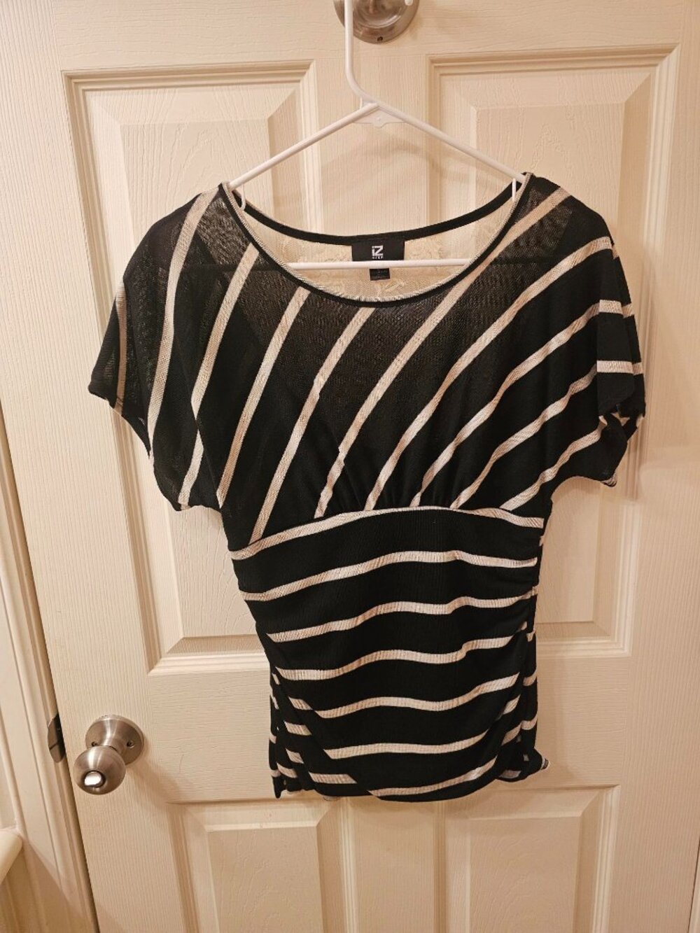 IZ Byer Large Black / Cream Striped Blouse w / Lace Detail
